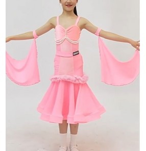 Girls pink competition ballroom dance dresses for kids waltz tango foxtrot smooth dance rhythm performance long skirts